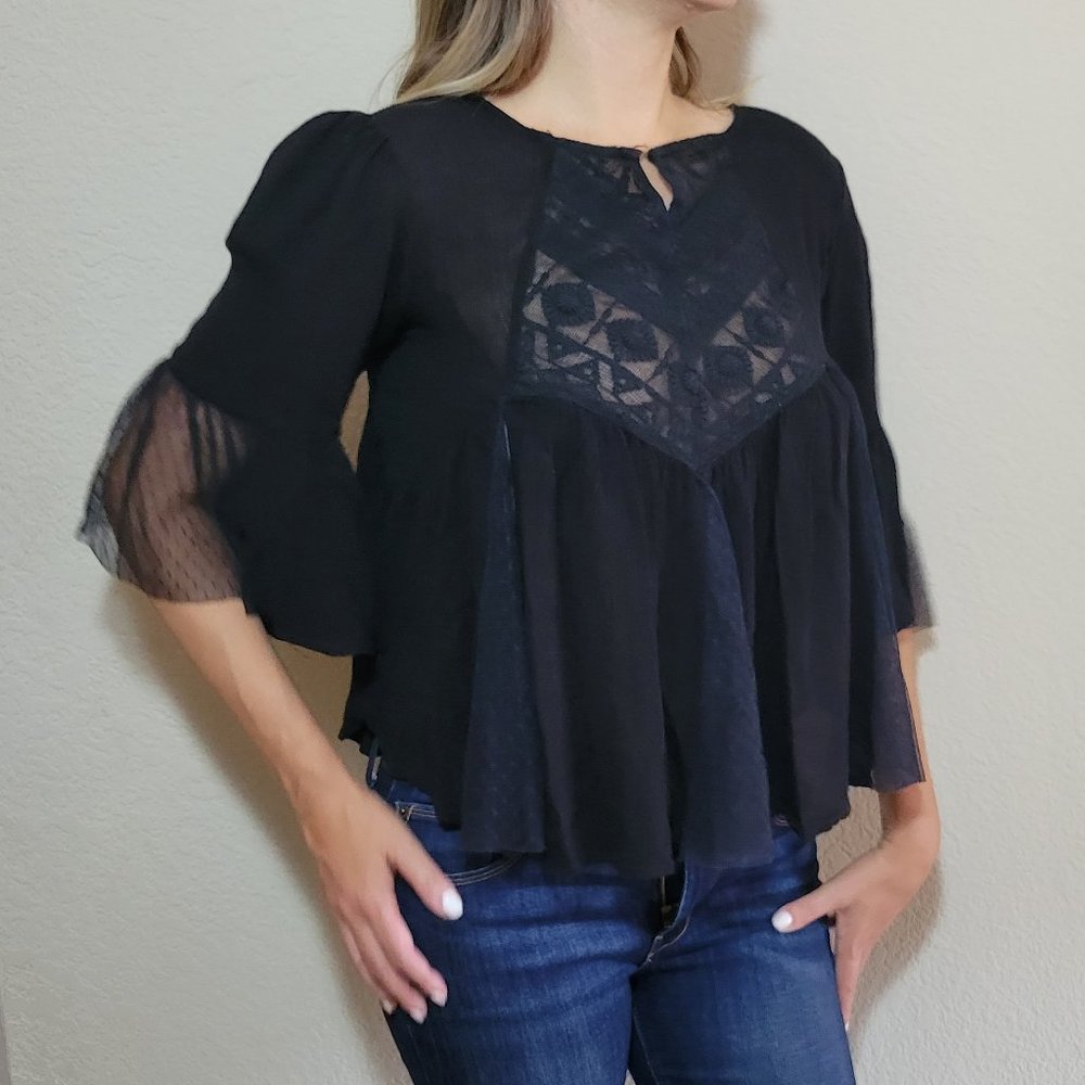Juniors Black Boho Top Small Peasant 3/4 Raglan Sleeve Womens Flowy Tulle Lace - Picture 2 of 7